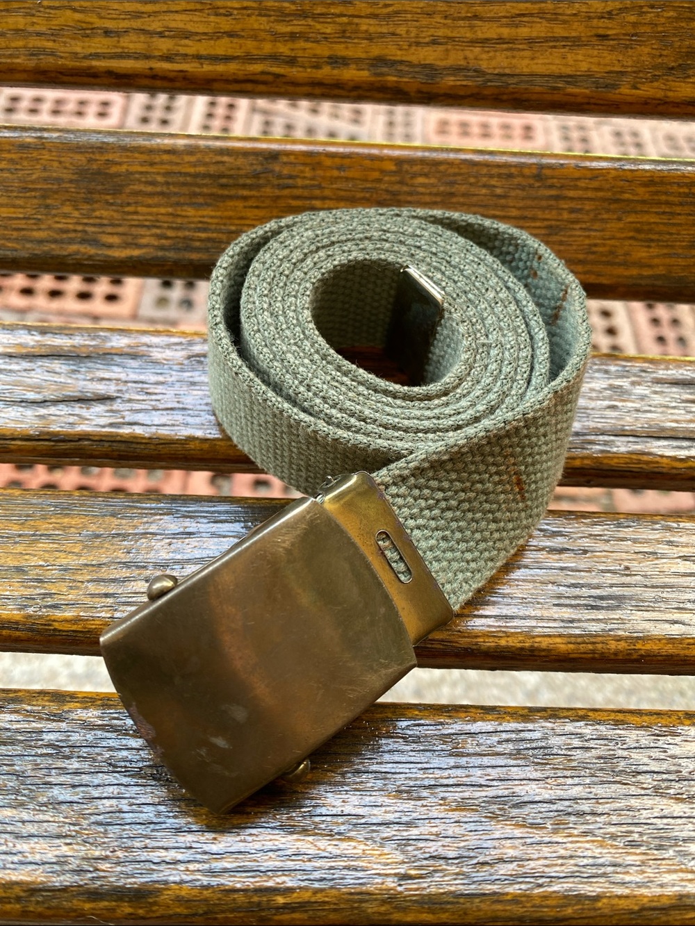 Vintage USA Surplus Brass Buckle Green Web Belt Military Pappys